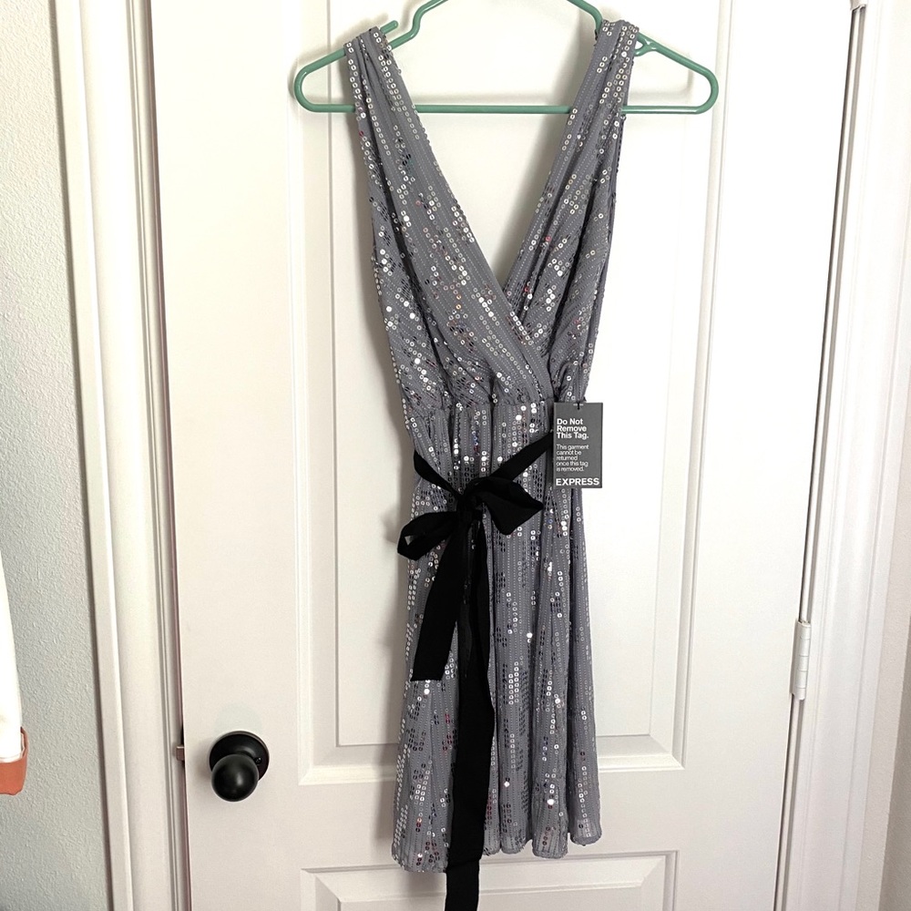 NWT Express Silver Sequin Occasion Dress w/ Sash